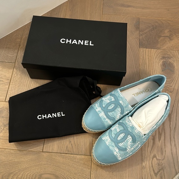 Chanel Tweed Grosgrain CC Print Espadrilles 41 Turquoise White - Picture 1 of 5